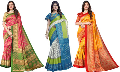 Nirvaan Printed, Woven Bollywood Art Silk Saree(Pack of 3, Pink, White, Blue, Yellow)