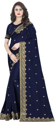 Om Shantam sarees Embroidered Bollywood Georgette, Silk Blend Saree(Dark Blue)