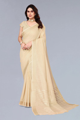 BFM Solid/Plain, Woven, Self Design Saree with Attached Blouse Linen Saree(Cream)