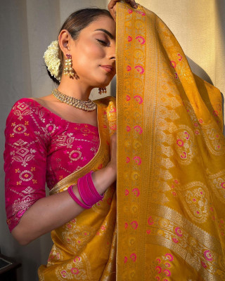 K SALIYA Woven Banarasi Jacquard Saree(Yellow)