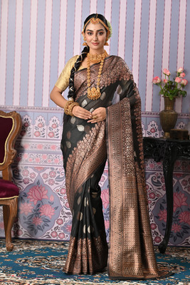 ANOUK Woven Mysore Linen Saree(Black)