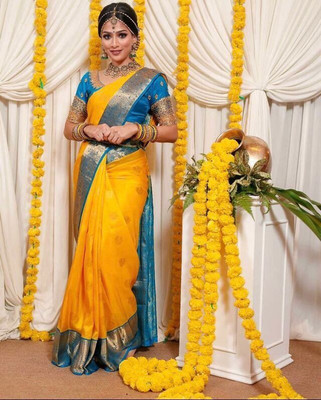 Rudr Ventures Embroidered Banarasi Silk Blend Saree(Multicolor)