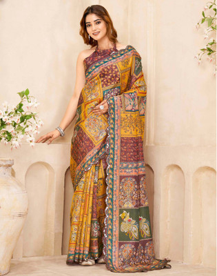 Satrani Printed Chanderi Chanderi Saree(Yellow, Brown)
