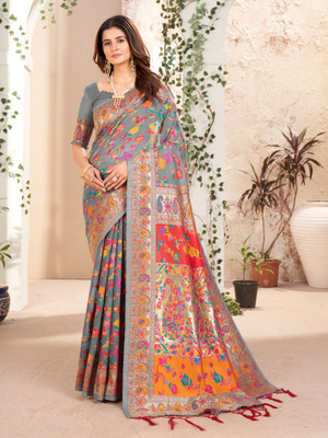 FluteFashion Self Design Kanjivaram Silk Blend Saree(Grey)