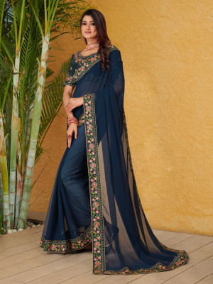 Dharvee fashion Embroidered, Floral Print Bollywood Georgette Saree(Blue)