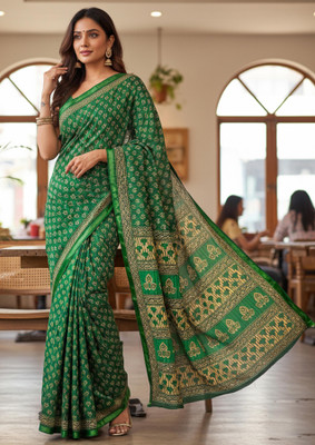 KASLI ENTERPRISE Printed Handloom Handloom Mulmul Saree(Green)
