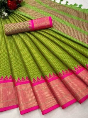 BHAGUGA Checkered, Solid/Plain Bollywood Jacquard, Cotton Silk Saree(Light Green)