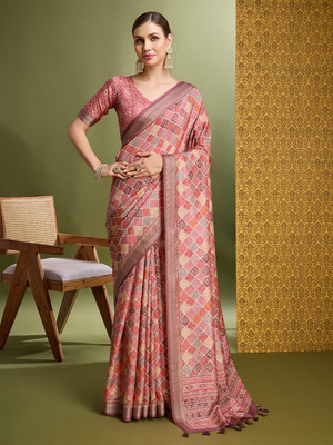 MANTROTSAV Digital Print Hand Batik Silk Blend Saree(Pink)