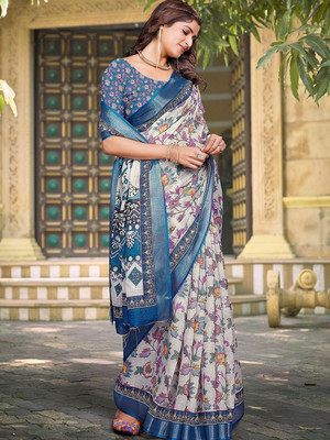 Soor Panchi Floral Print Banarasi Cotton Linen Saree(Beige, Blue)