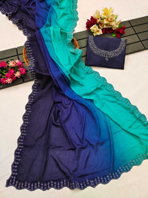 MM VENTURE Solid/Plain Bollywood Chiffon Saree(Blue)