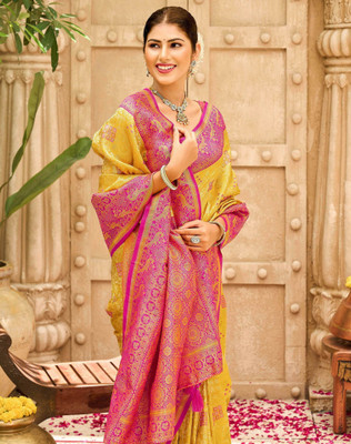 Satrani Woven, Embellished Banarasi Silk Blend Saree(Yellow)