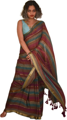 SOHAM SAREE GHAR Striped Handloom Cotton Blend Saree(Multicolor)