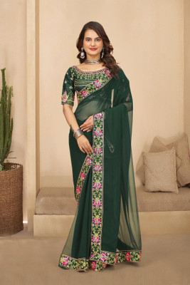 DRIZOMIZ Embroidered Bollywood Georgette Saree(Green)