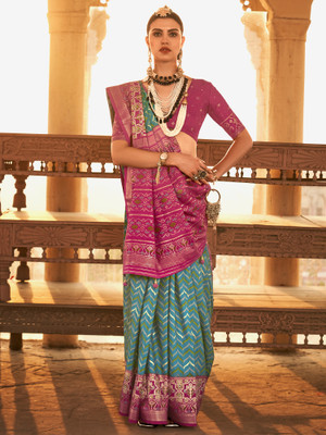 Sareemall Woven Patola Silk Blend Saree(Blue)