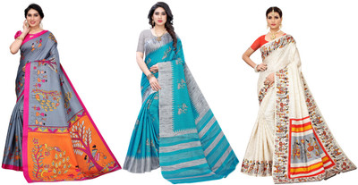 YASHIKA Woven Kasavu Art Silk Saree(Pack of 3, Grey, Blue, Cream)