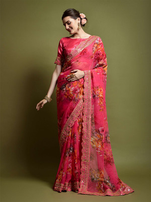 ANOUK Printed Chanderi Chiffon Saree(Pink)