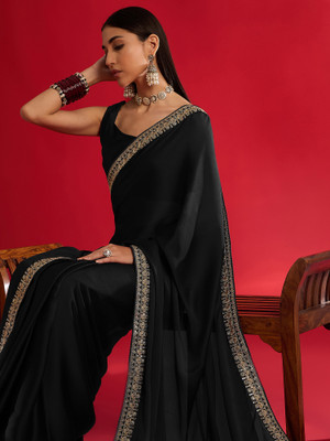 Divastri Solid/Plain Bollywood Satin Saree(Black)