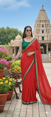Dharmnandan Solid/Plain, Embellished Bollywood Georgette Saree(Red)
