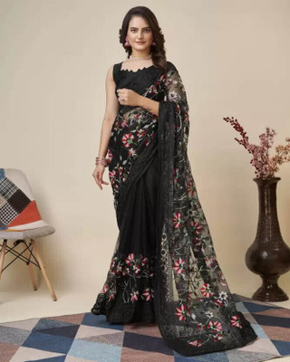 VRLOOKMEFASHION Embroidered Bollywood Net Saree(Black)