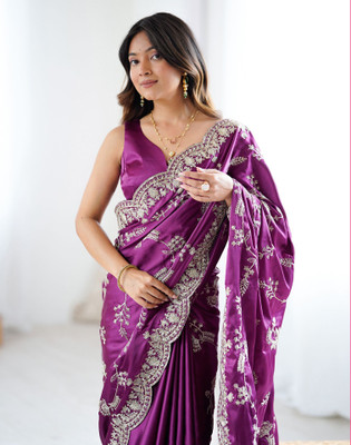 Satrani Embroidered, Embellished Bollywood Satin Saree(Purple)