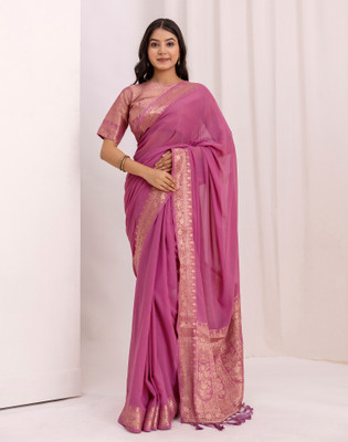 Satrani Woven, Solid/Plain Bollywood Chiffon Saree(Magenta)