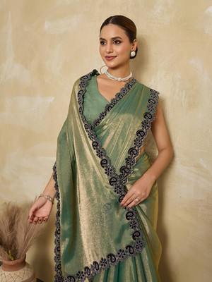 BFM Embroidered Bollywood Tissue Saree(Green)