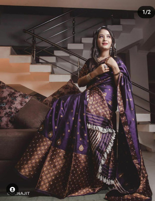 Tech Twins Woven Mekhela Chador Silk Blend Saree(Purple)