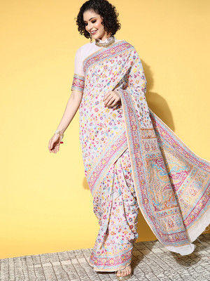 Divastri Floral Print Banarasi Silk Blend Saree(Cream)