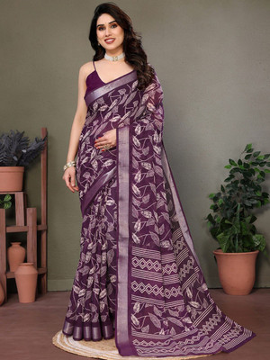 Moda Rapido Printed Bollywood Linen Saree(Purple)