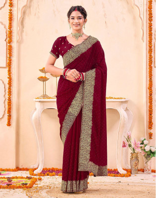 Satrani Embroidered, Embellished Bollywood Silk Blend Saree(Red)