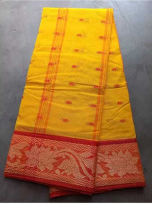 J KunduHouse Self Design Tant Pure Cotton Saree(Yellow)