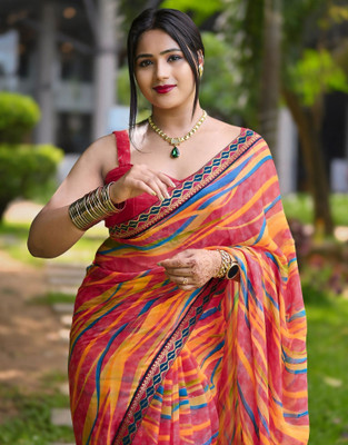 Samah Printed, Embellished Daily Wear Georgette, Chiffon Saree(Pink, Multicolor)