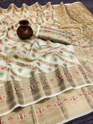 KRIYANSH Woven, Printed, Applique, Embellished Banarasi Cotton Silk, Jacquard Saree(Beige)