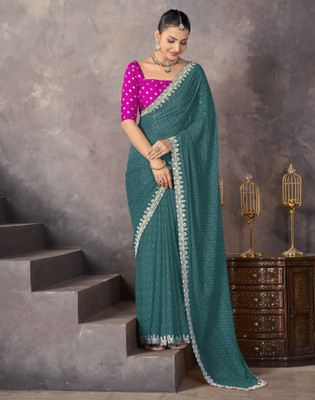 Satrani Printed, Embroidered, Embellished Bollywood Georgette Saree(Green)