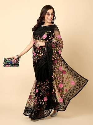 pridewear Embroidered Bollywood Net Saree(Black)