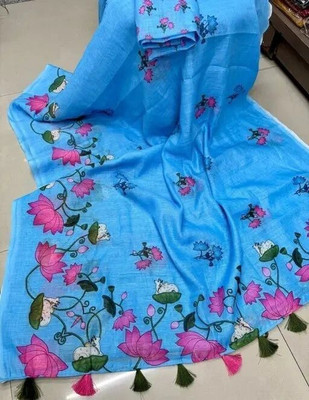 Myraani Printed Handloom Cotton Linen Saree(Light Blue)