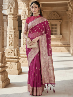 all about you Woven Banarasi Organza Saree(Purple)