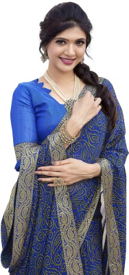 Priyashi Geometric Print Daily Wear Georgette, Lace Saree(Blue)