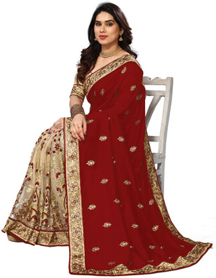 Semizoxis Embellished Bollywood Net, Art Silk Saree(Maroon)