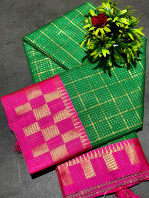 JbWorld Self Design, Woven, Checkered Chettinadu Cotton Silk, Pure Silk Saree(Green, Pink)