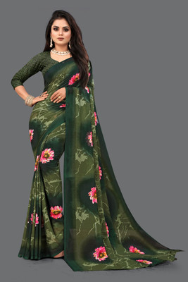 Dedkada Fab Floral Print Daily Wear Georgette Saree(Green)