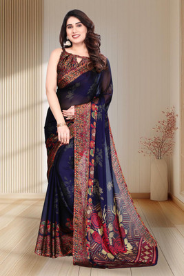 BilloRani Printed, Floral Print Daily Wear Chiffon, Georgette Saree(Dark Blue)