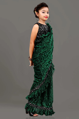 Dream Clouds Embellished Bollywood Lycra Blend Saree(Dark Green)