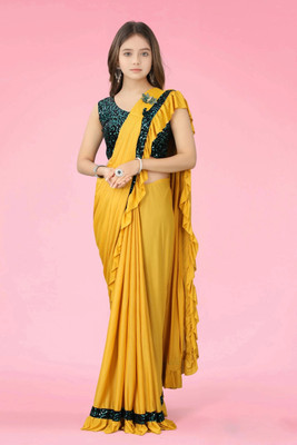 VRAJTEX FAB Embellished, Solid/Plain Bollywood Lycra Blend Saree(Mustard)