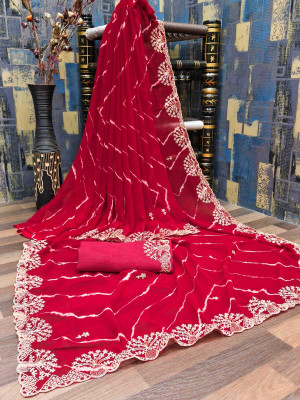 gajanand creation Embroidered Bollywood Georgette Saree(Red)