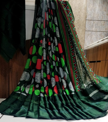 Hensi sarees shop Printed Pochampally Silk Blend, Chiffon Saree(Green)