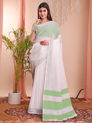 Pandadi Saree Color Block Kanjivaram Cotton Linen Saree(White, Green)