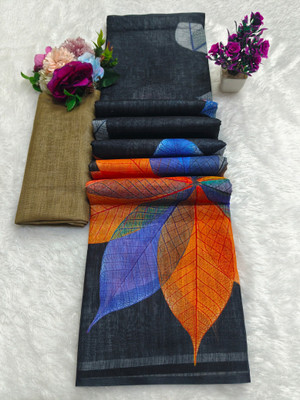 HouseOfCommon Floral Print Kanjivaram Linen, Cotton Linen Saree(Black)