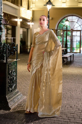 Vintro Embroidered, Embellished Bollywood Jimmy choo Saree(Beige)