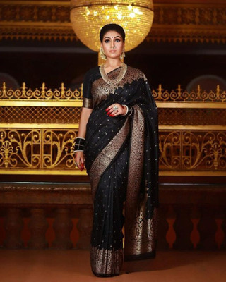 NIRLABH Striped Banarasi Pure Silk Saree(Black)